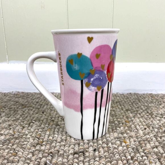 Starbucks 2017 16 Ounce Tall Coffee Tea Mug Cup Baloons Cake Pop Pink White - Picture 1 of 3